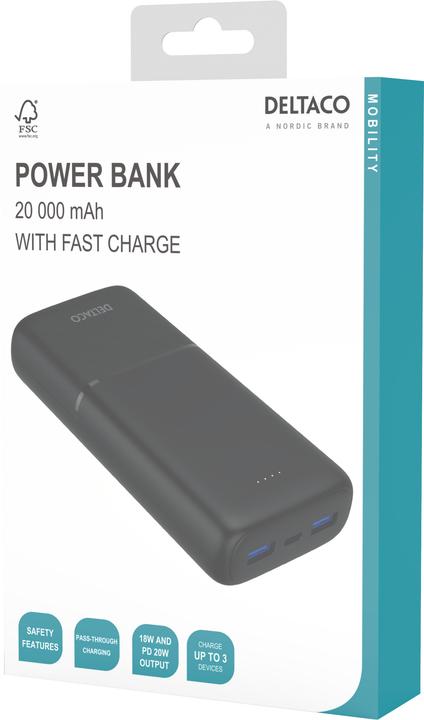 Produktbild Deltaco Powerbank with fast charging, 3 ports, 2x USB-A 18W, 1x USB-C PD 20W, 20,000 mAh black (20000 mAh, 20 W)