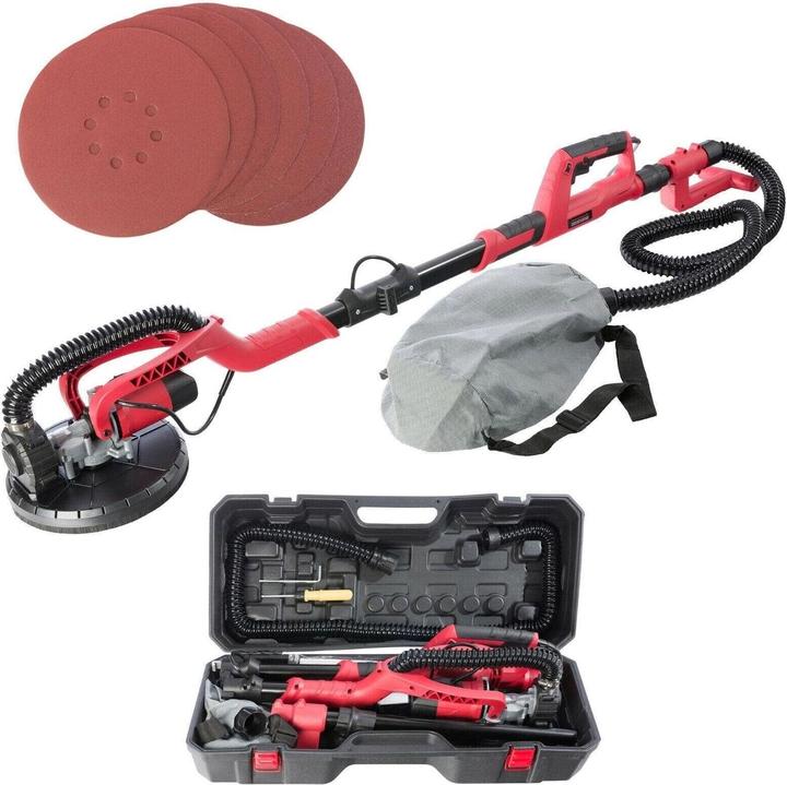 2x carbon brushes, 1x suction hose, 1x double screwdriver (Phillips and slotted), 1x transport box, 1x long-neck sander, 1x dust bag, 6x round grinding discs (80, 100, 120, 150, 180, 240)