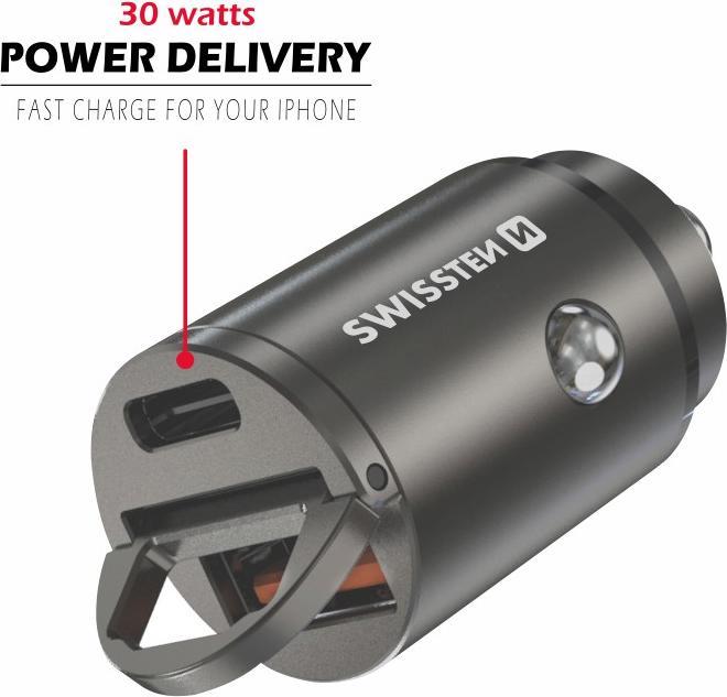Actual product image Swissten Car Adapter Power Delivery USB-C + Super Charge 3.0 30W NANO