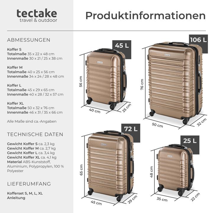 Produktbild tectake Hartschalenkofferset 4-tlg. (106 l, Handgepäck (bis 50l), M (50 - 90l), L (90 - 115l))