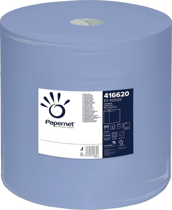 Productafbeelding Papernet Poetsdoekrol Industrie 3-laags blauw 360 m 37,3x36 cm, 1000 scheuren per rol, 1 rol (1 x)