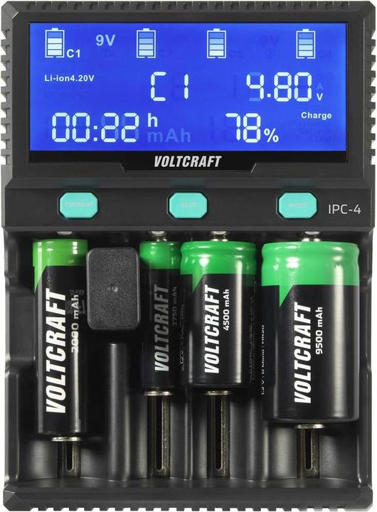 Produktbild Voltcraft IPC-4 Rundzellen-Ladegerät LiIon, LiFePO, NiMH, NiCd, LiFePO4 A, Mignon (AA), Micro (AAA) (1 Stk., 10440, 14500, 16340, 17335, 17500, 17670, 18490, 18650, 21700, 22650, 26500, 26650, 32650, AAA, A, AA, Sub-C, Ladegerät ohne Akku)
