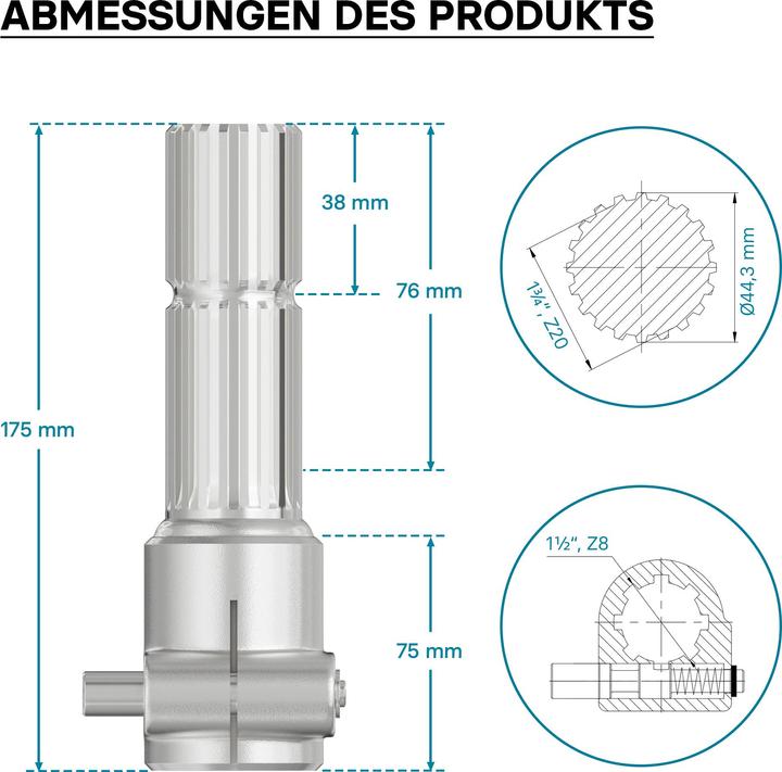 Actual product image Wiltec Adaptor Sleeve for PTO Shaft 175 mm w/ 8-32x38x6 Spline Housing and 1 3/4" 20T Output Shaft Tra (Tractor accessories)