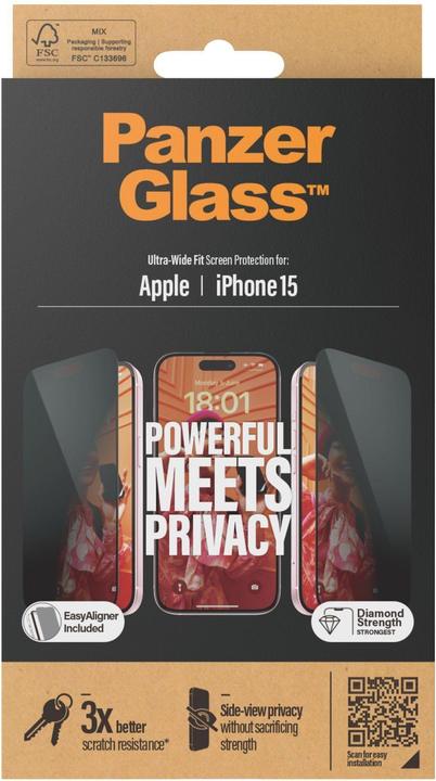 Actual product image PanzerGlass Privacy Screen Protector Ultra-Wide Fit w. EasyAlig. (1 Piece, Apple iPhone 15)