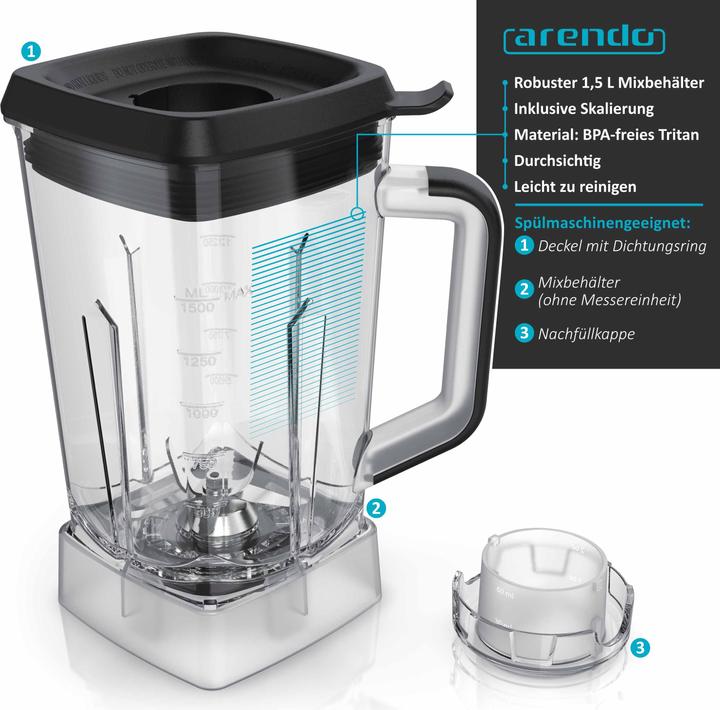Image du produit Arendo Mixeur sur socle avec bol de 1,5 litre 30 000 tr/min / Lames en acier inoxydable (Prise UE, 1500 W)