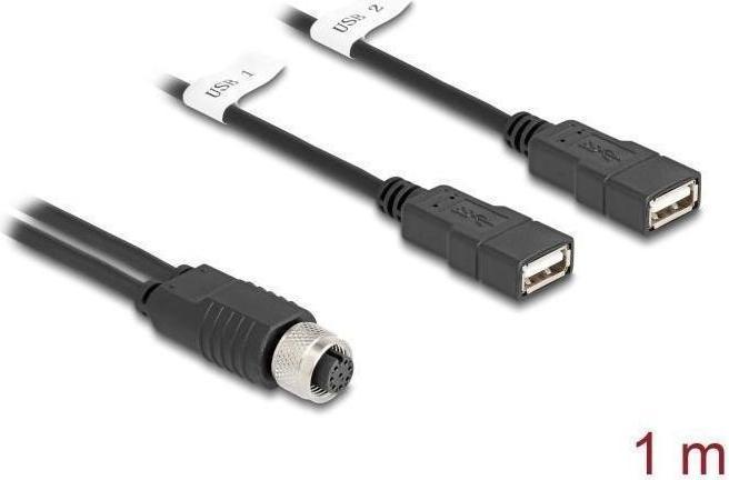 Produktbild Delock M12 Kabel A-kodiert 8 Pin Buchse zu 2 x USB 2.0 Typ-A (1 m, USB 2.0)