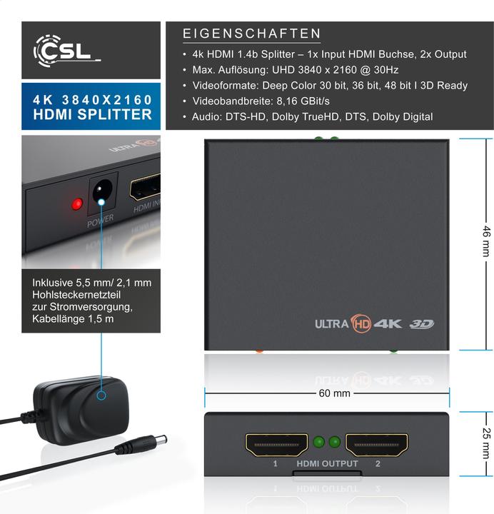 Produktbild CSL HDMI Splitter, Mini 4K UHD 2-Port Verteiler 1x HDMI Eingang zu 2x HDMI Ausgang, Ultra HD 2160p