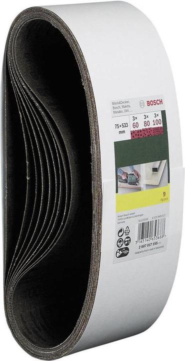Produktbild Bosch Zubehör Schleifband-Set für Bandschleifer, 9-teilig, 75 x 533 mm, Körnung 60, 80, 100 (60, 80, 100)