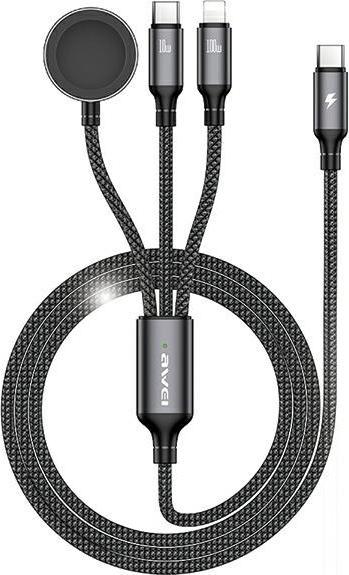 Actual product image Awei cable W23 3w1 usb-c/lightning/watch 100W/10W/2.5W czarny/black (1.20 m, USB 3.0, 100 W)