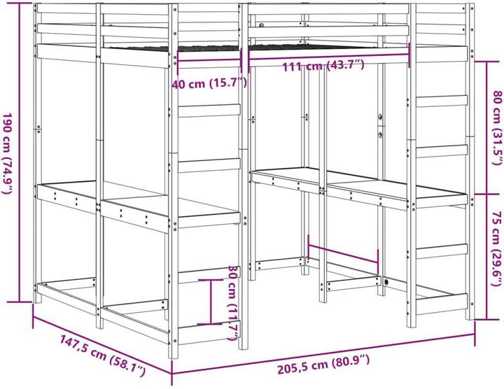 Produktbild VidaXL Hochbett mit Schreibtisch & Leiter (140 x 200 cm)