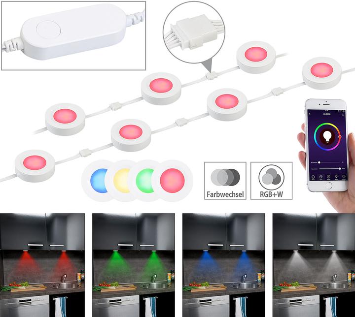 Actual product image Lunartec Set of 7 WLAN under-cabinet LEDs, RGB+W, for Amazon Alexa & Google Assistant