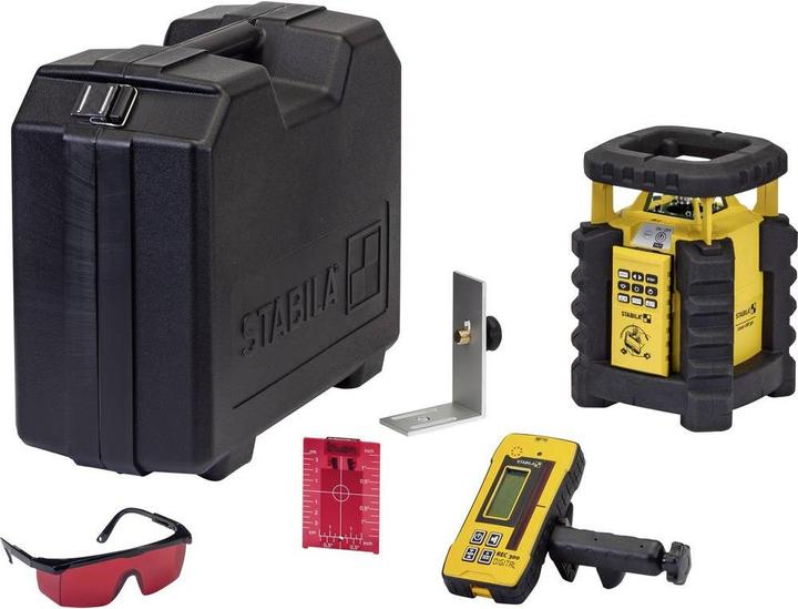Laser rotatif, Lunettes de vue laser, Plaque cible, Mallette de transport, 4 piles AA 1,5 V, Récepteur REC 300 Digital, Télécommande RC-LAR350, Rail d'angle à 90, 2 piles D 1,5 V