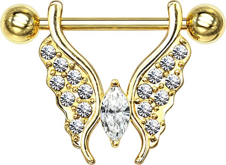 Produktbild Star Piercing Barbell vergoldet Schmetterling mit Kristallen silber (Chirurgenstahl 316L, Messing)