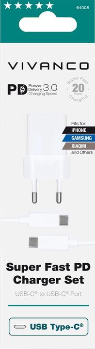 Immagine prodotto Vivanco Set di ricarica PD3.0 USB-C, 20W, incluso cavo USB-C da 1,2 m, bianco (20 W)
