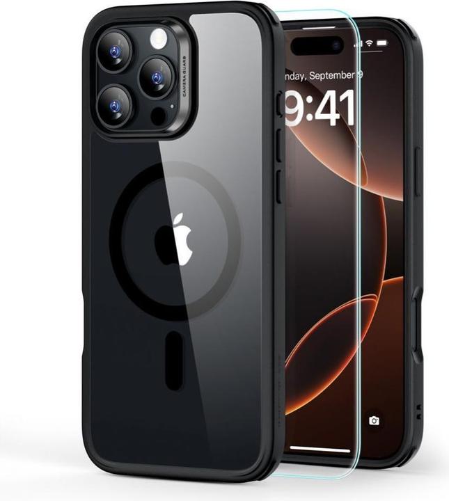 ESR Classic Hybrid Halolock MagSafe Case + verre trempé pour iPhone 16 Pro Max - Clear with Black F (Apple iPhone 16 Pro Max)
