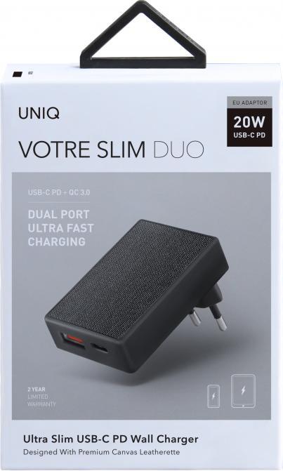 Actual product image Uniq Votre Slim Duo 1x USB-A 1x USB-C 3A Charger (UNIQ359BLK) (20 W)