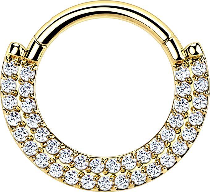 Produktbild Star Piercing Micro Segmentring klappbar vergoldet Schild doppel front Kristalle silber (ohne Messing, Titan G23)