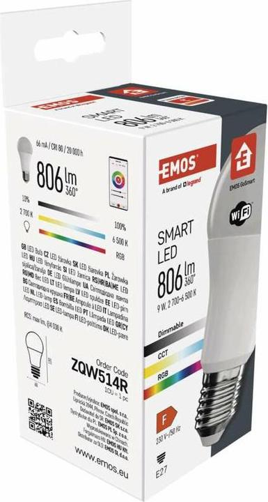 Actual product image Emos LED lamp GoSmart A60 / E27 / 9 W (60 W) / 806 lm / RGB / dimmable / Wi-Fi (E27, 9 W, 806 lm, 1 x, F)