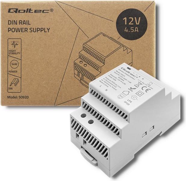 Immagine prodotto Qoltec Alimentatore per guida DIN | 54W | 12V | 4 5 A | Grigio (54 W)