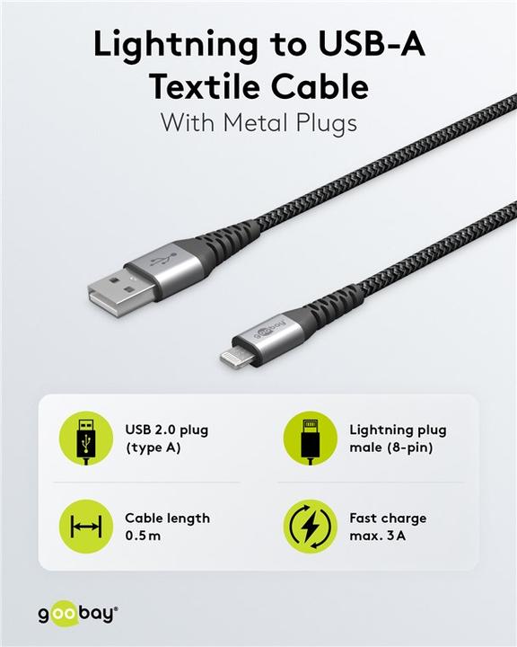 Actual product image Goobay Lightning to USB-A textile cable with metal plugs (space gray/silver) 1 m, 1 m, Black-Grey (1 m, USB 2.0)