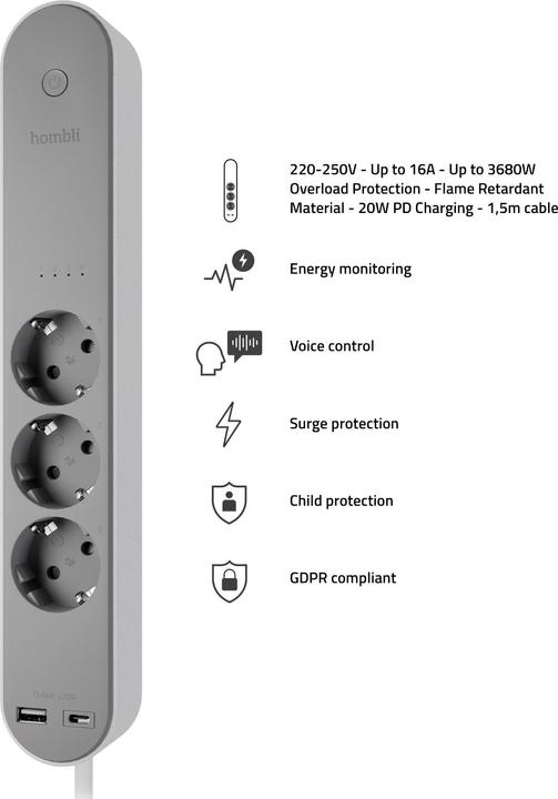 Actual product image Hombli Smart socket strip (3 x, USB-C, USB-A, 1.50 m)