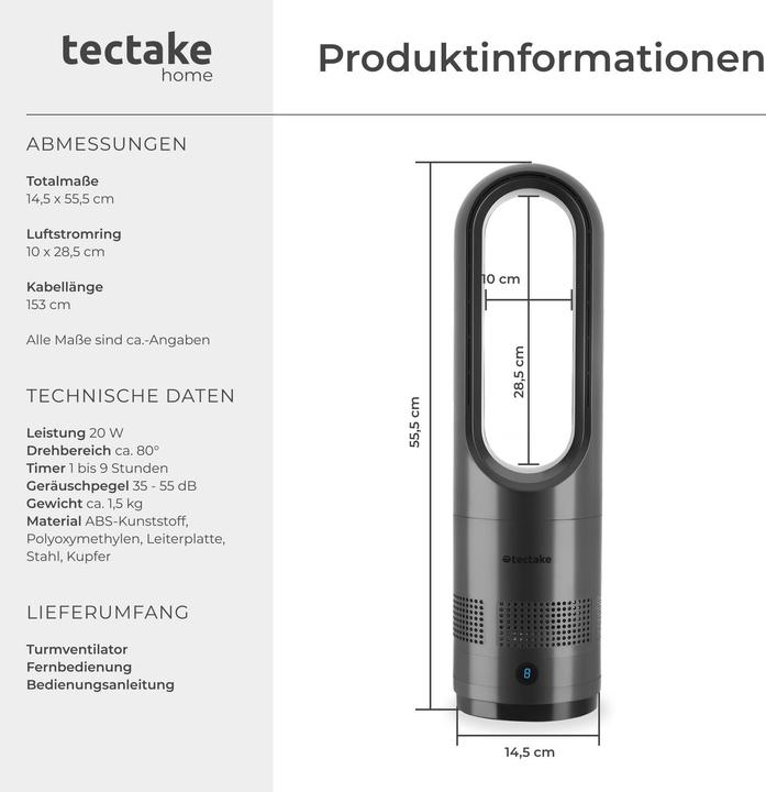 Image du produit tectake ventilateur colonne Polar, oscillation à 80°, incl. minuterie (55 dB)