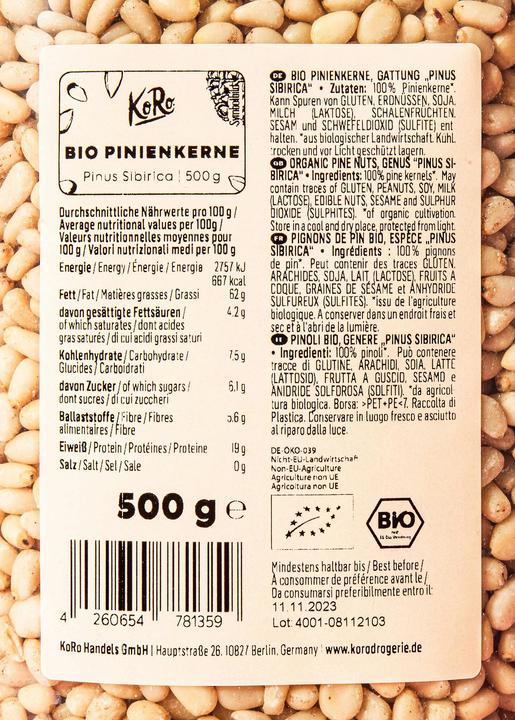 Nutritional values and ingredients KoRo Bio Pinienkerne (500 g)
