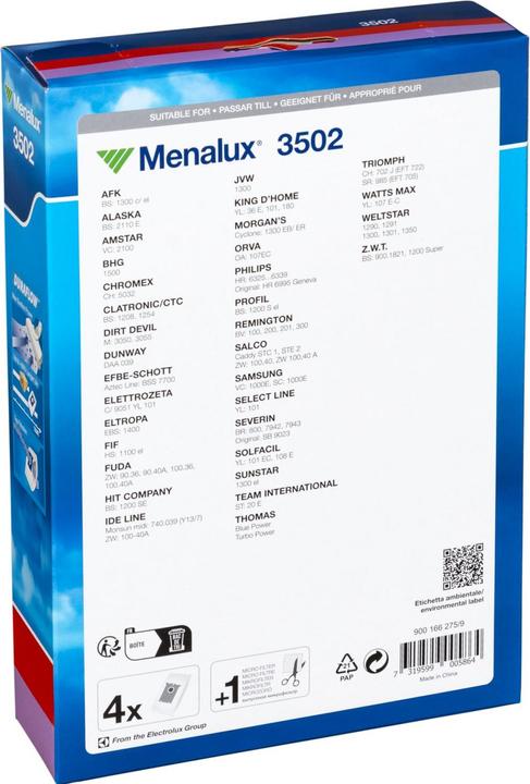 Etichetta energetica Menalux 3502 / 4 sacchetti per aspirapolvere / 1 microfiltro / Duraflow /Philips / AFK / Alaska (5 x)