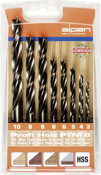 Alpen Wood twist drill set 8 pieces (6 mm, 10 mm, 3 mm, 5 mm, 8 mm, 4 mm)