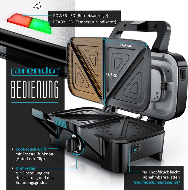 Actual product image Arendo Sandwich maker 1200 W, non-stick coating, sandwich toaster for large toasts with removable plates