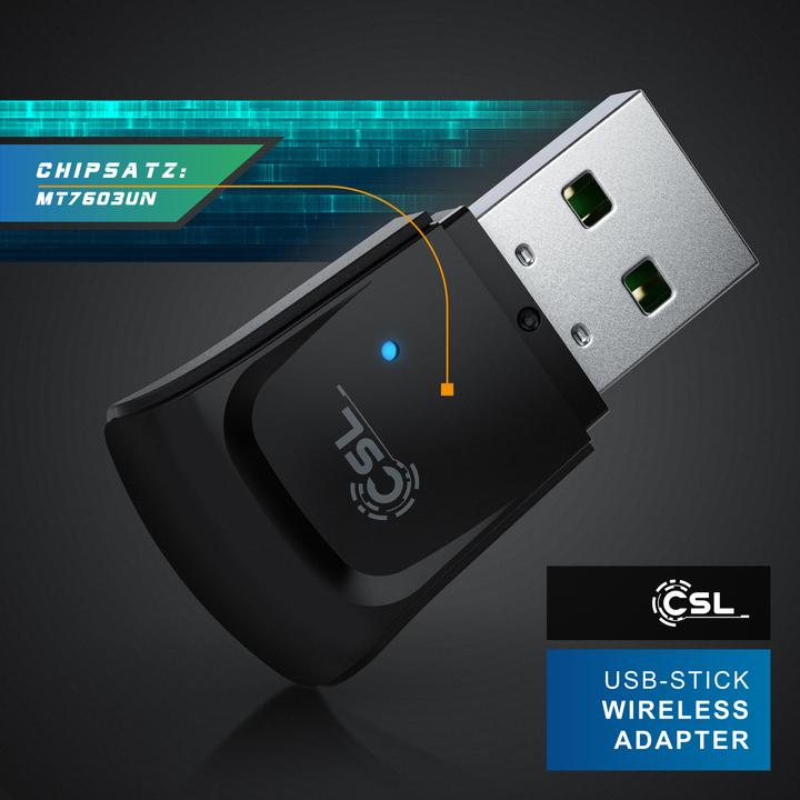 Produktbild CSL WLAN Dongle, 300 Mbit/s USB Stick WiFi Adapter 2,4 Ghz 2T2R, Verstärkung 18 dBm, WEP WPA WPA2 (USB 2.0)