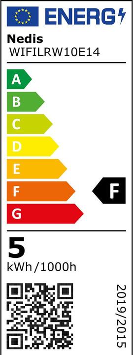 Energie-Label Nedis WIFILRW10E14 SmartLife LED Bulb WLAN E14 470 lm 4.9 W Warm to Cool White 2700 - 6500 K Energie (E14, 4.90 W, 470 lm, 1 x, F)
