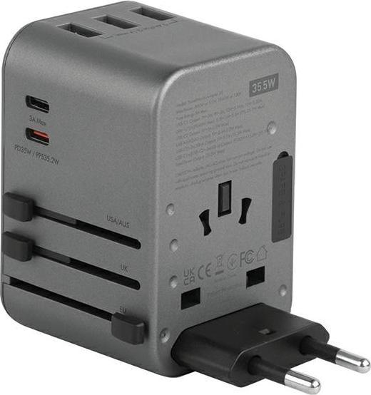 Actual product image Energea ład. siec. 3xUSB+2xUSB-C PD-PPS-QC 3.0 35.5W 3A2C adapter 4w1 US/UA/EU/UK szary/gunmetal Tra (35.50 W)