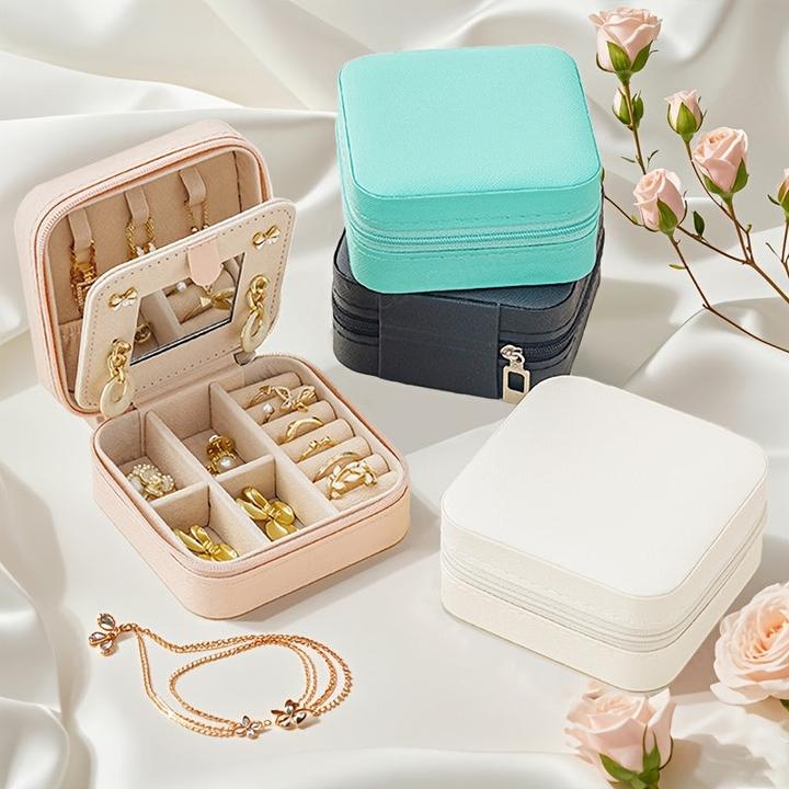 Produktbild Only-Bags.Store 1 Stück Mini-Reise-Schmuck-Organizer im klassischen Stil mit Spiegel, 3-lagiger Aufbewahrungskoffer