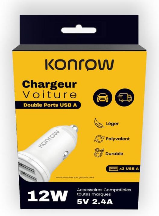 Actual product image Konrow KCC12AAW - Cigar Lighter Adapter 2 USB A Ports - 12W Fast Charge, White (Compatible, B
