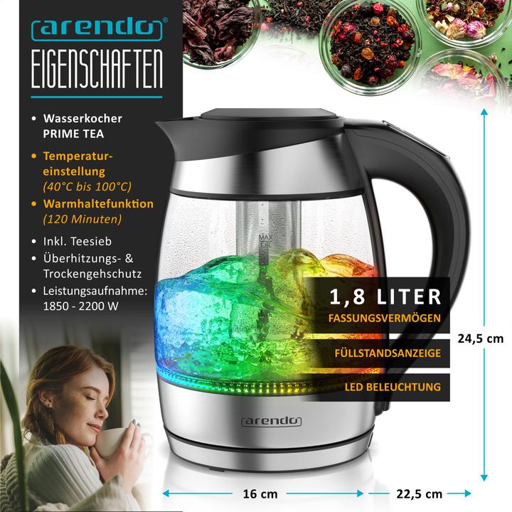 Actual product image Arendo Wasserkocher 1,8 L aus Glas & Edelstahl mit Temperatureinstellung & Teesieb, Teekocher 2200 W (1.80 l)