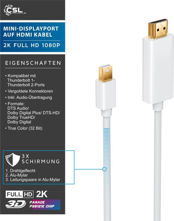 Actual product image CSL 4k Mini Displayport to HDMI Cable | Thunderbolt 1 and Thunderbolt 2 Ports | 4K Ultra HD 2160p (3 m, DisplayPort, HDMI)