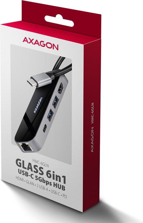 Produktbild Axagon HMC-6GLN USB-C 5Gbps GLASS 6in1 hub (USB-C, 6 Ports)