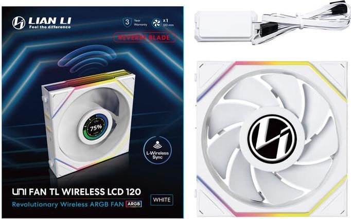 Produktbild Lian-Li UNI FAN TL Wireless LCD Lüfter, ARGB, PWM - Reverse Blade, 120 mm, weiss (120 mm, 1 x)