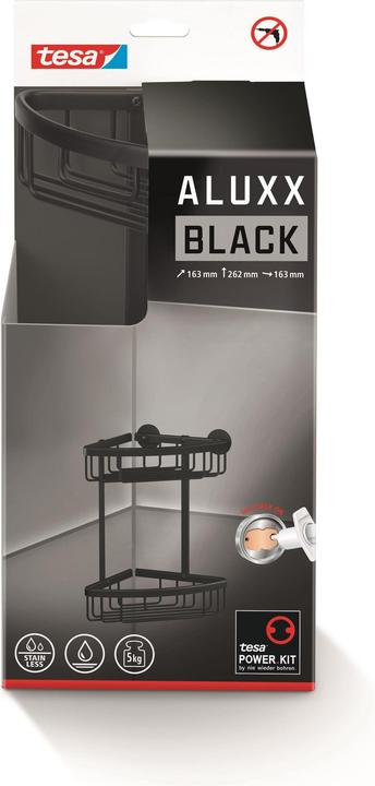 Actual product image tesa ALUXX BLACK corner shower basket incl. adhesive solution without drilling (17.5 x 17.5 x 34.5 cm)