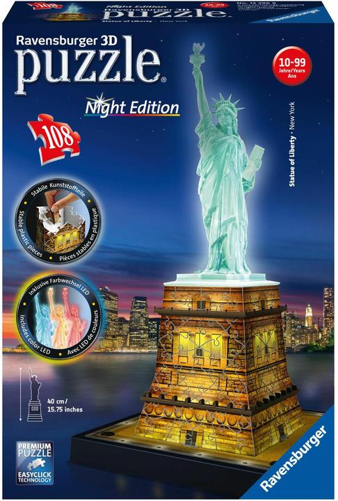 Productafbeelding Ravensburger 3D puzzel Vrijheidsbeeld Nacht Editie (108 onderdelen)