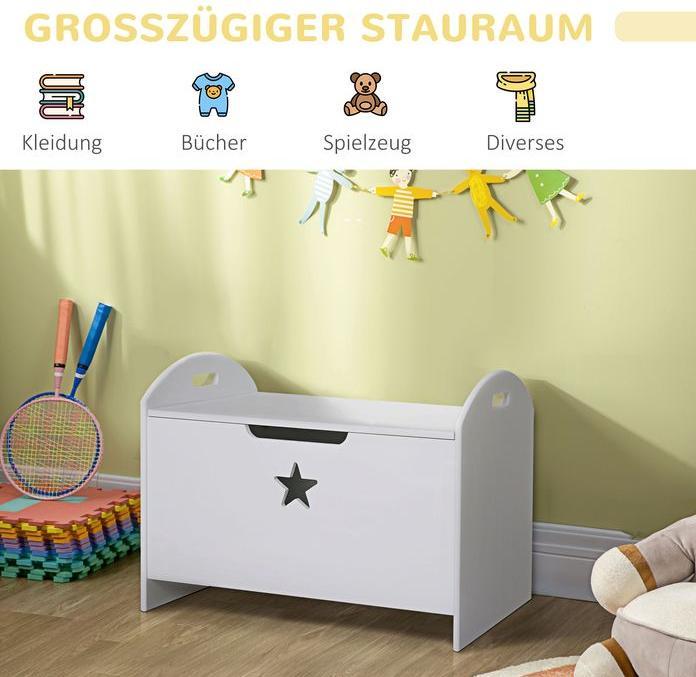 Produktbild Swisshandel24 Spielzeugkiste Kinder Aufbewahrungsbox Sitztruhe Sicherheitsscharnier Weiss MDF 62 x 40 x 46,5 cm