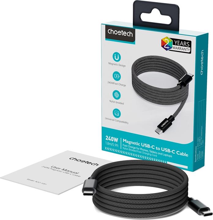 Actual product image Choetech XCC-1054 240W Cable with Power Delivery 3.1 USB-C Magnetic 1.2m - Black (1.20 m, USB 3.1, 240 W)