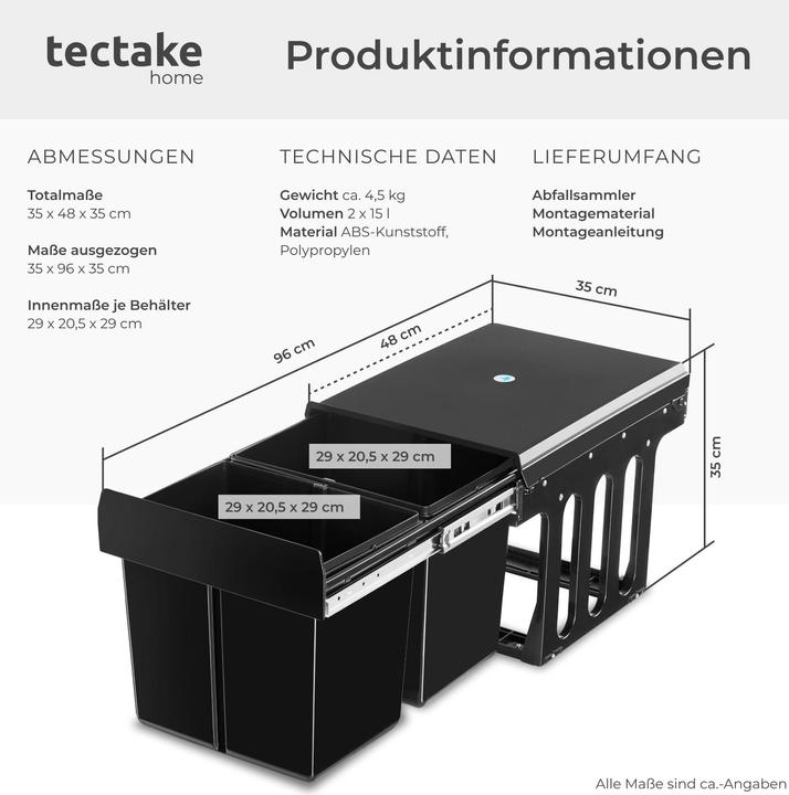 Actual product image tectake waste collector Ashlyn, 2-way separation, 30L, telescopic rails (30 l)