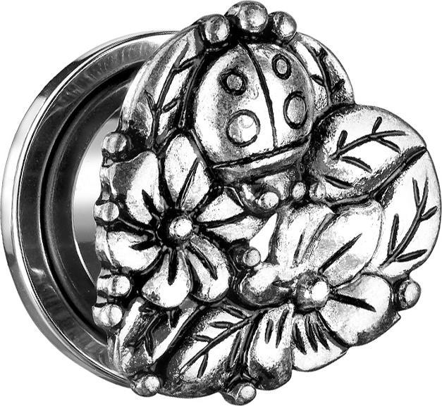 Actual product image Star Piercing Flesh Plug Heart with Flowers and Ladybug (Brass, Surgical steel 316L)