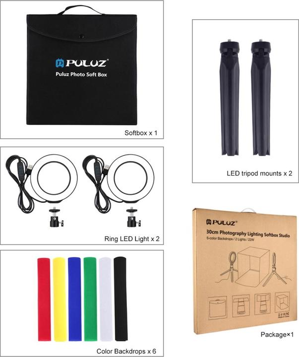 Produktbild Puluz Fotostudio Box 30m mit 2x Ringleuchte (Studioleuchte)