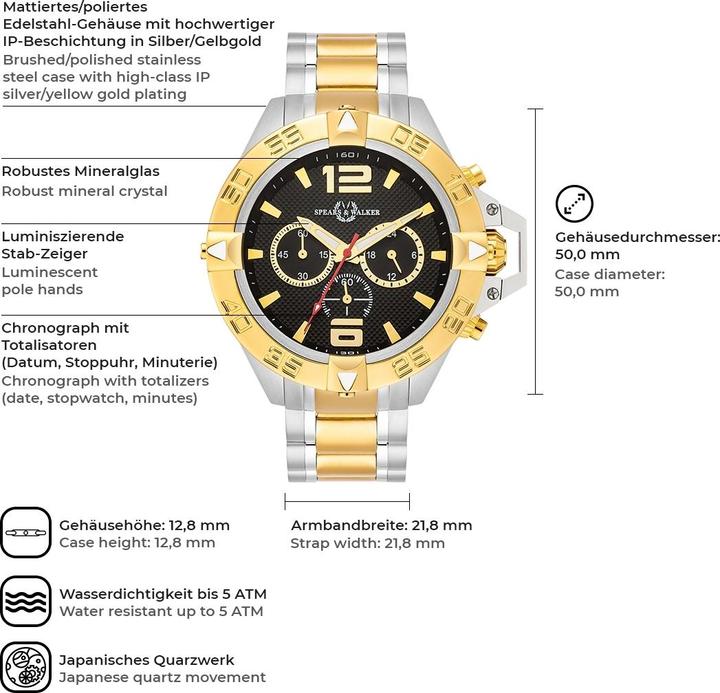 Immagine prodotto Spears & Walker Orologio al quarzo da uomo Varus II in acciaio inossidabile argento/oro giallo - 23244 (Cronografo, 50 mm)