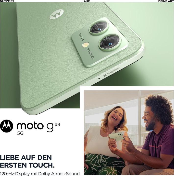 Image du produit Motorola Moto G54 (256 Go, Vert menthe, 6.50", SIM + eSIM, 50 Mpx, 5G)