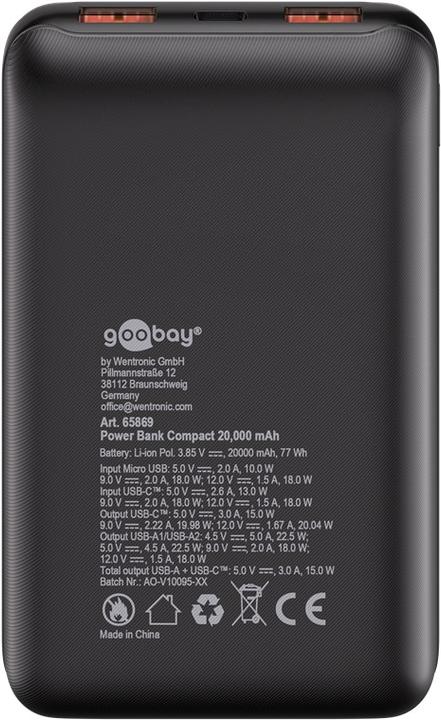 Actual product image Goobay Powerbank compact 20,000 mAh (20 mAh, 22.50 W, 77 Wh)