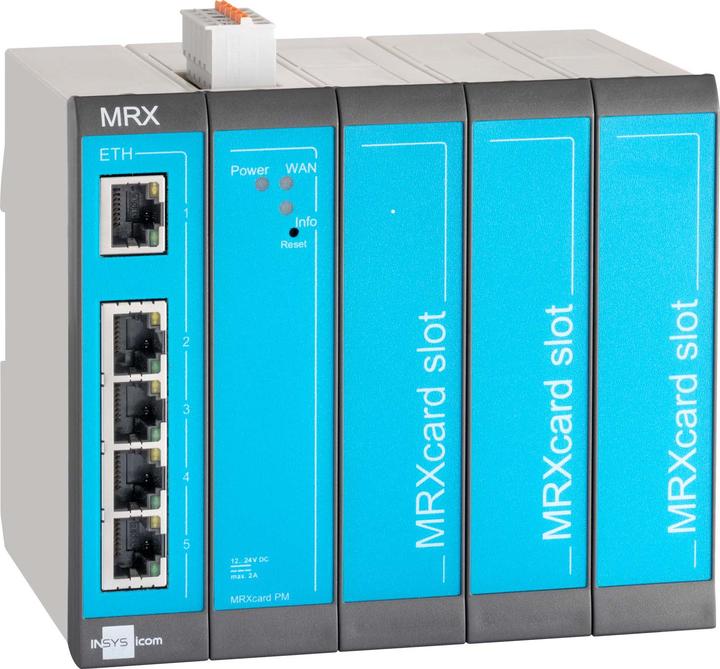 Insys icom MRX5 LAN, modular LAN LAN router, VPN 5xEthernet 10/100BT 2xdig.One MRcard slots:3xfree